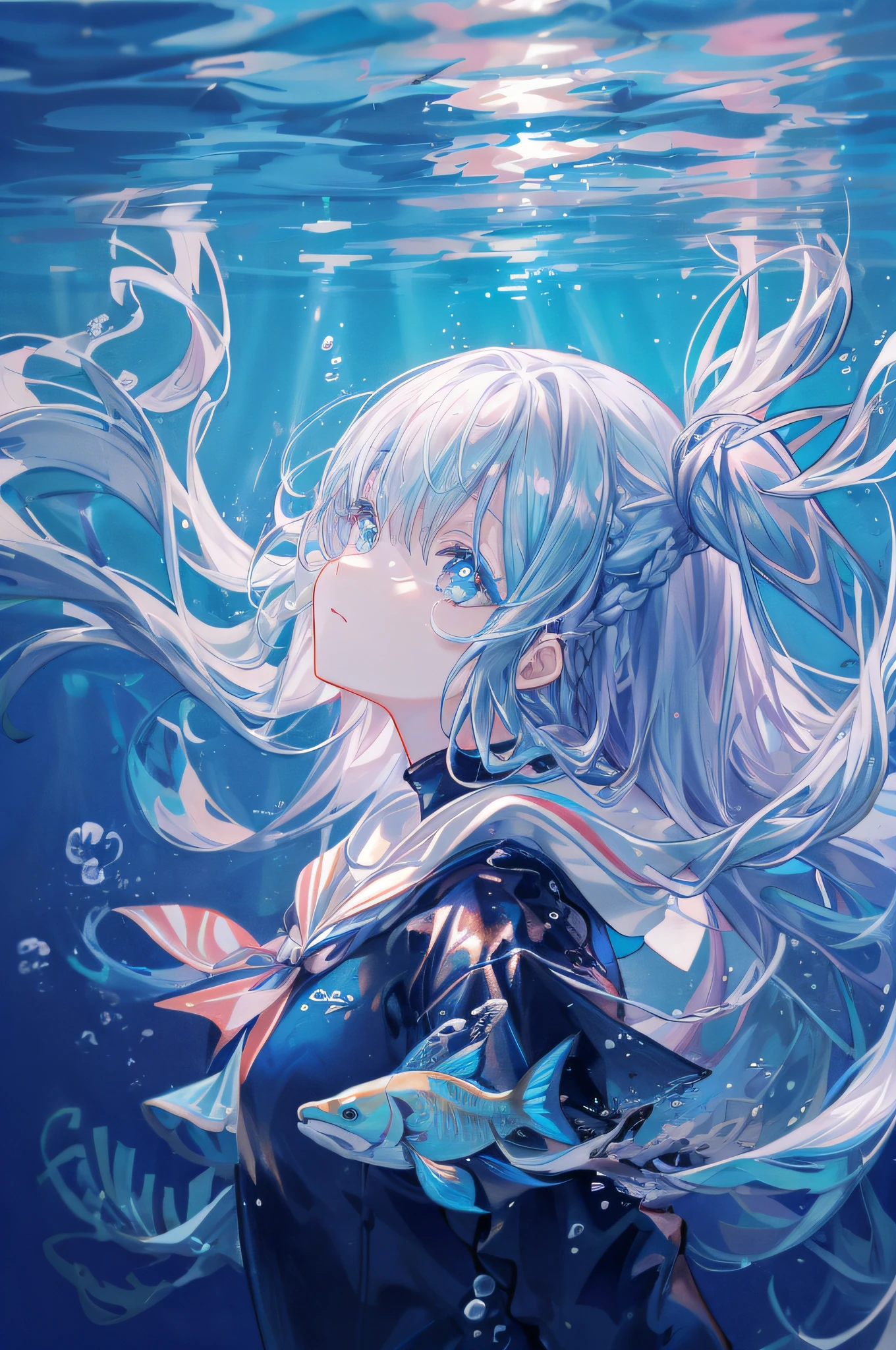 (masuter piece、top-quality、8K,、detailed faces and eyes、Fantastical)、Full body、one girls、undersea environment、soft sunlight、Colorful tropical fish、Big sea turtle、underwater scene、underwater environment、deep underwater scene、underwater ocean、underwater landscape、ocean floor, underwater landscape、underwater background、Light in the water、under water scenery、reefs、coral sea bottom、reefs、Swimming、(gradation hair:1.5)、a sailor suit