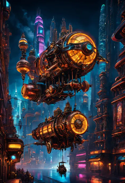 steampunk, A retro-futuristic steam powered ornate flying machine glides through the neon-lit streets of a futuristic metropolis...