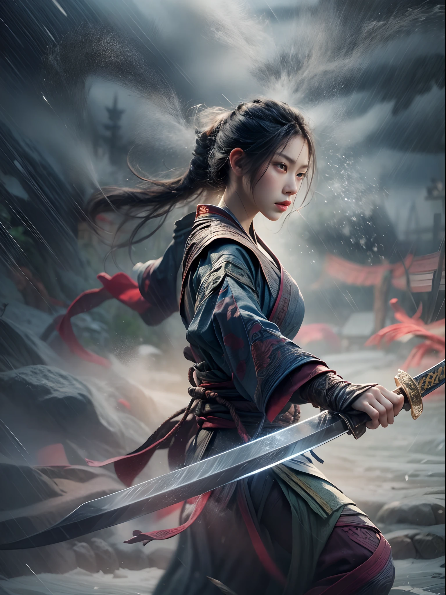 1个Giant Breast Girl，Kungfu，（arma，long sword）, On the defensive，Valley woods，Surrounded by rain，Illustration style，motionblur，Prolonged exposure to the whole body，(exquisitefacialfeatures，Perfect hand features)，Chinese ink style，Martial arts style，Selective focusing，in a panoramic view，（Bokeh:1.5），tmasterpiece，ultra - detailed，Epic composition，HighestQuali，16K