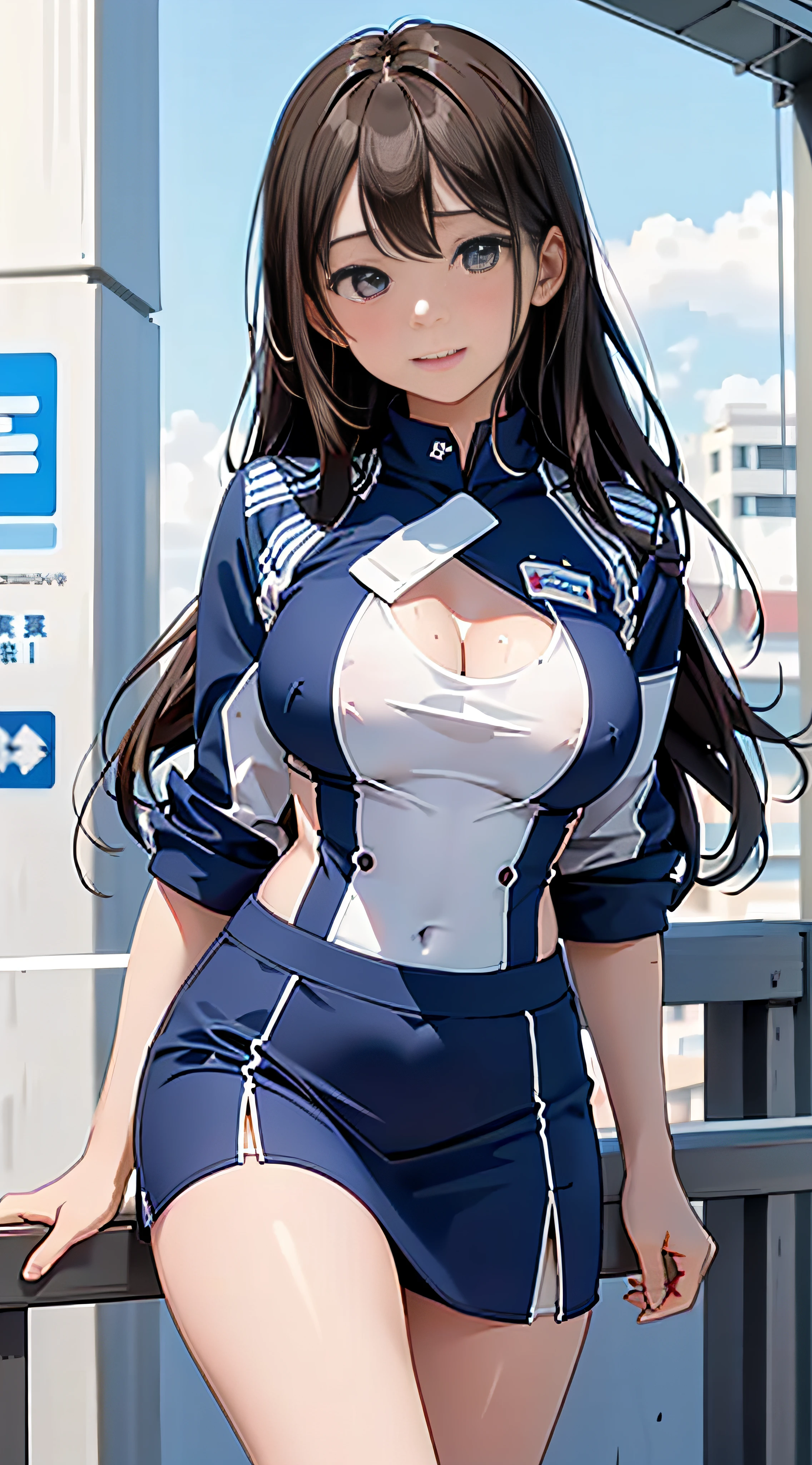 20-year-old woman in bright blue and white dress, Colossal tits, large full breasts、biomechanical oppai, loli in dress, oppai proportions, Ecchi, Ecchi anime style,((top-quality)), ((​masterpiece)), Shy smile, Pitch Resuit, Puffy nipple, Shy laughter、Kamimei, knee high stockings, Adult Woman, (cum in vaginas:1.3), cum in mouth, (Overflowing G-string:1.5), Long Wave Hair、dark brown hair, a miniskirt,Race Queen, masterpaintings, best qualtiy, Photorealsitic, ultra-detailliert, (shiny skins), Brown-eyed, slender, dynamic light and shadow, hight resolution, Sharp Focus, depth of view, The eyes are delicate, Sharp pupils, outside of house, Skysky, Tight skirt,underboob, Wet_Clothes, Wear the grid_Girl costume printed with sponsor's logo, (Stand in a motorsport race)+, sexy hips、Kamimei、Chest opening、Slouching Chest Emphasis Pose