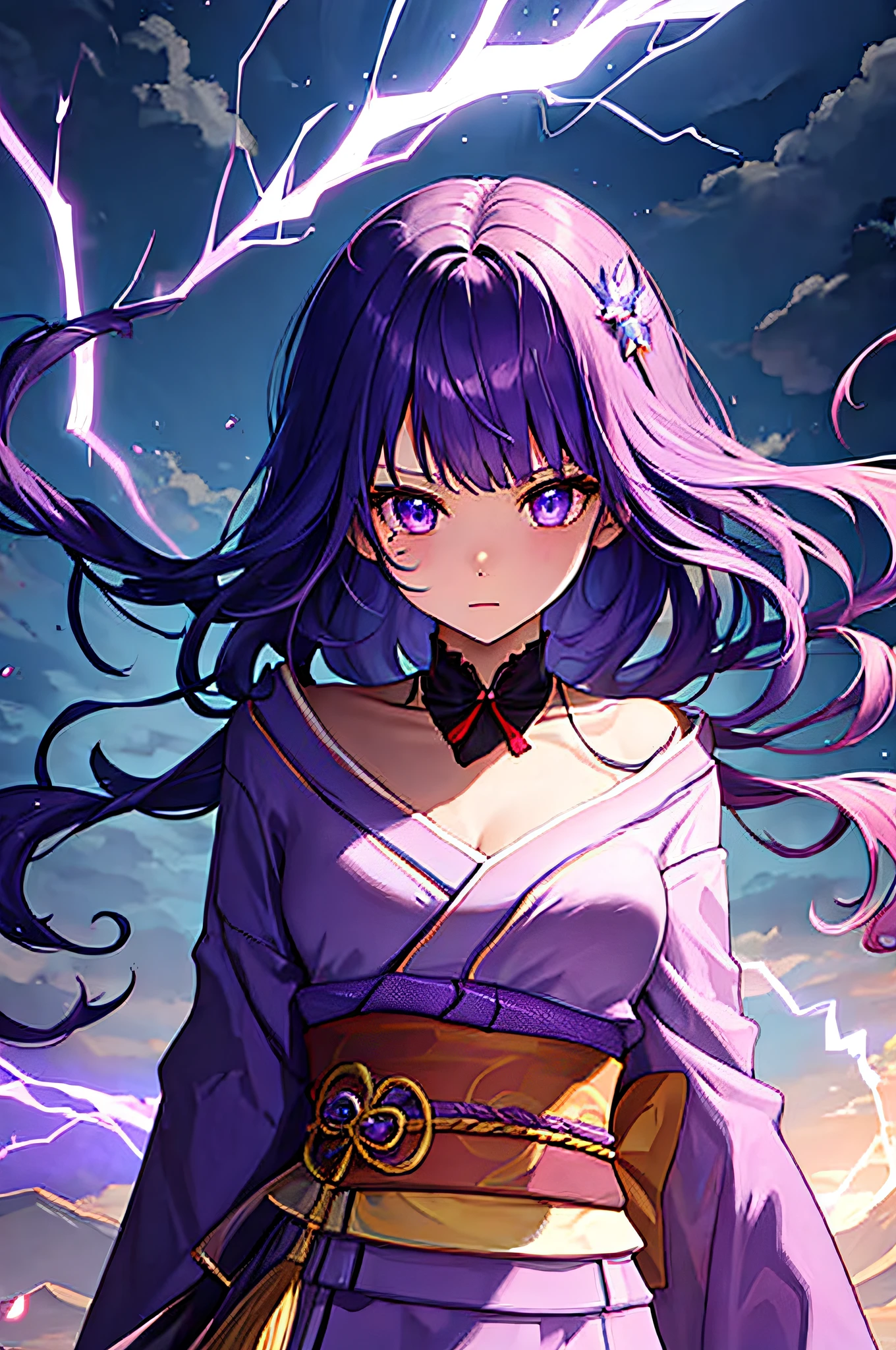 Purple hair、Purple kimono、Purple lightning effect、You can see the valley、top-quality、４k