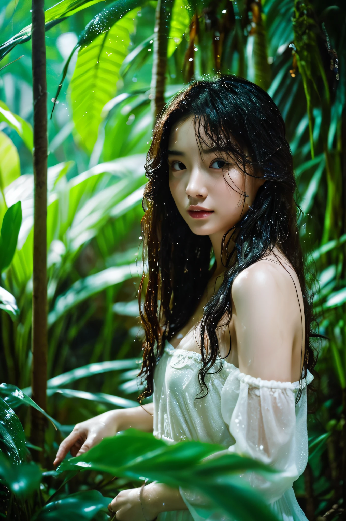 (top-quality、​masterpiece:1.2)、(Photorealsitic:1.2)、a 25yo woman、Mare、Wet hair、Mysterious lighting、Tropical rainforest