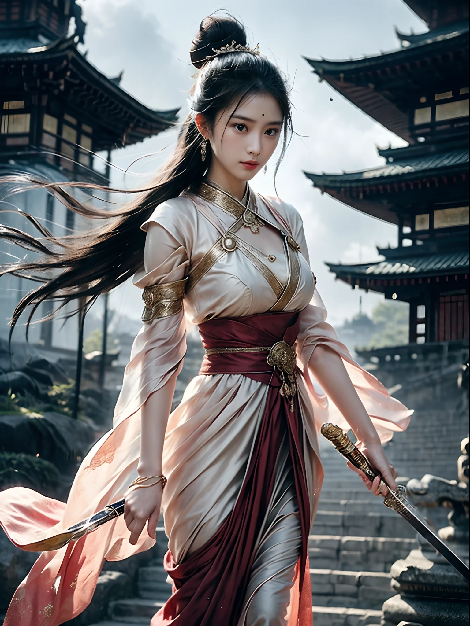 空靈的 fantasy concept art, 女孩，獨奏，Hanfu，直筒连衣裙，紅絲帶，珠寶，風，长袖，長白髮，发饰，乳頭流蘇，手持武器，劍，看着观众, 在戰鬥中受傷, 大雨中, 不能失敗, 黑髮, 雙髮髻,臉紅,汗,傲嬌, 華麗的, 天上的, 空靈的, 一幅画, 史詩, 雄偉, 神奇, 幻想藝術, 封面艺术, 夢幻般的，劍客，(戲劇、革質的、慷慨：1.4），背景是巨大的佛像和宝塔, 傑作，最好的品質，8K，疯狂的细节，复杂细节，超詳細，超品質，高細節