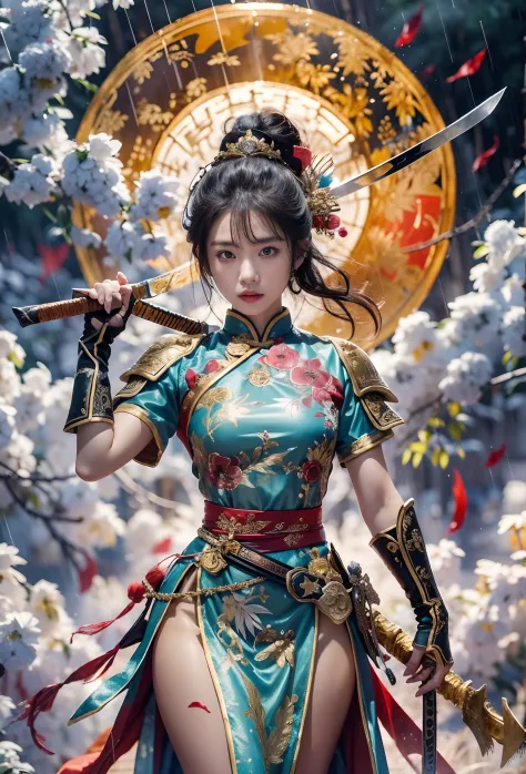 fantasy, Landscape photo of the forest, Chinese martial arts style, The skin is wet and shiny, (A 25-year-old girl samurai wears a black combat uniform，Hold a sword with gold details and glowing, Golden cape), (In a dense bamboo forest，Forest path, Night, ...