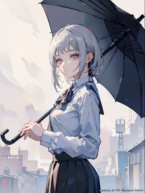 (masterpiece, top quality, best quality,official art, beautiful and aesthetic:1.2),(1girl:1.3), gray hair, umbrella