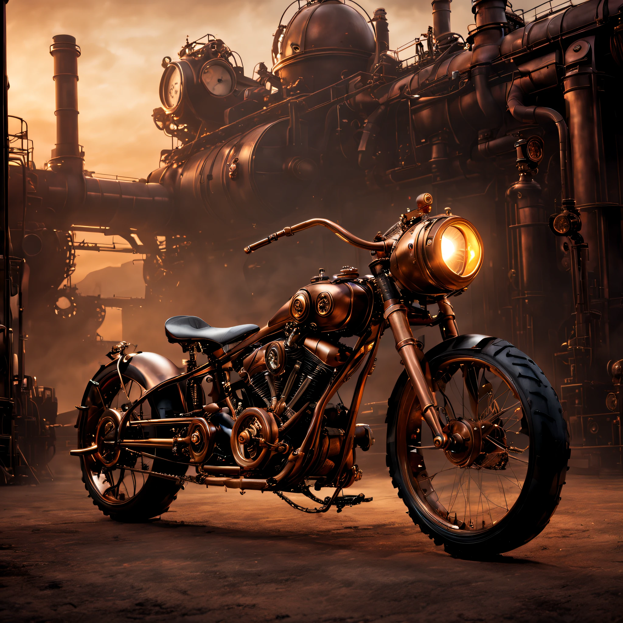 Steampunk, A Steampunk-inspired motorbike sits in the middle of a desolate industrial landscape. Le cadre métallique du vélo est agrémenté de rivets, cadrans, et membres segmentés, évoquant une aura de sophistication vieillie. proche, une lanterne faiblement éclairée projette une douce lueur, intensifier l&#39;ombre du vélo, tandis que des lumières éthérées lointaines font allusion à un plus grand, monde mystérieux au-delà. Ce décor spectral allie machine et mystique, évoquant à la fois l&#39;émerveillement et le malaise.