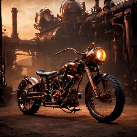 steampunk, A steampunk-inspired motorbike sits in the middle of a desolate industrial landscape. The metal frame of the bike is ...