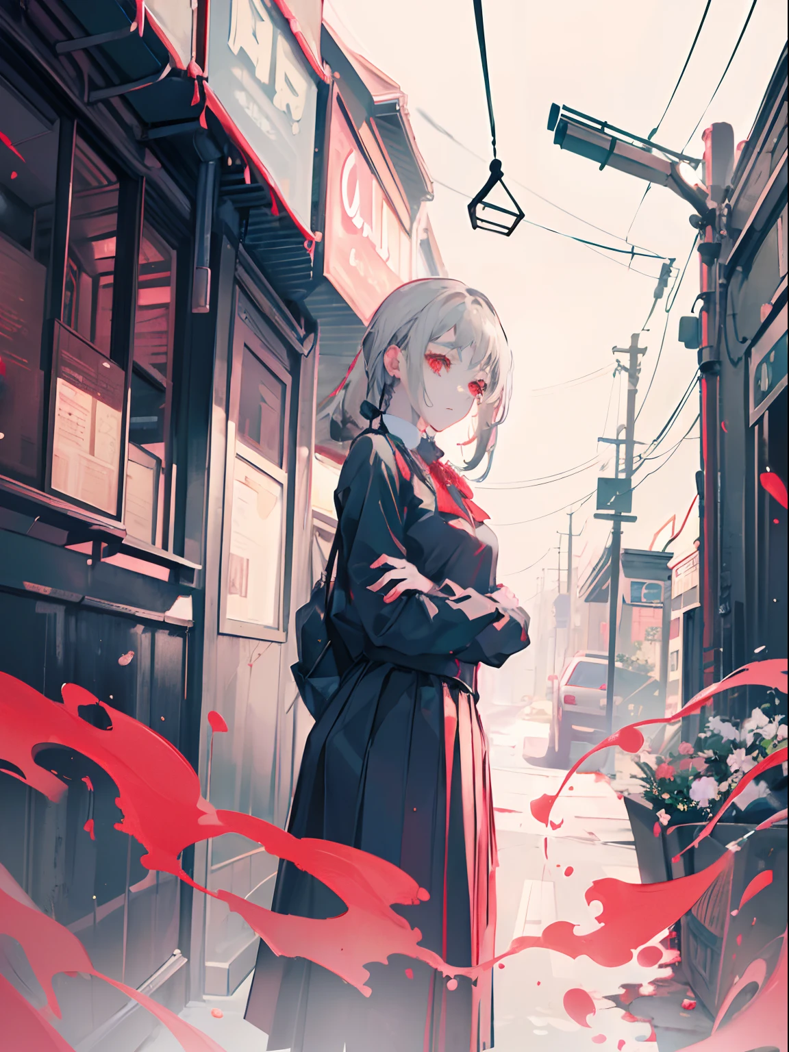 (masterpiece, top quality, best quality,official art, beautiful and aesthetic:1.2),(1girl:1.3), gray hair, red Umberella, red eyes