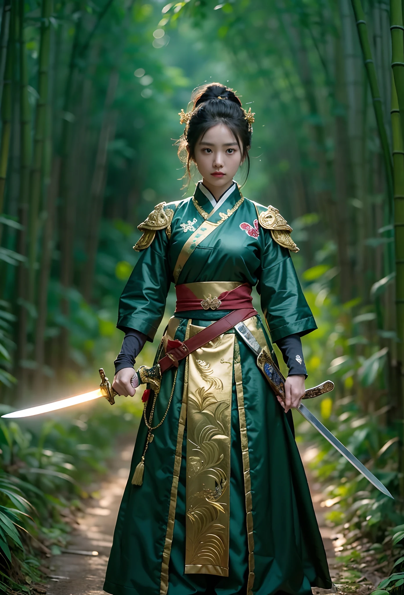 fantasy, Landscape photo of the forest, Chinese martial arts style, The skin is wet and shiny, (A 25-year-old girl samurai wears a black combat uniform，Hold a sword with gold details and glowing, Golden cape), (In a dense bamboo forest，Forest path, Night, thunderstorm, Dark sky, rain: 1.2), China-style, barbara (Genshin Impact:0.5), Elsa (Frozen):0.5, (Intricate details:1.2), Black hair, Wavy hair, lamplight, Sad, Brown eyes, symmetrical features, Detailed hands, Detailed fingers, (Masterpiece:1.2), (Epic composition:1.4), (talent:1.2), Ultra detailed, Highly detailed, insanely details, (Photorealistic:1.2), hdr, 8K, Exquisite, Sharp, elegant, fantasy vivid colors, High quality, battle garment, (full body shot of: 1.8)，(Faraway view: 1.8)，ultra-wide-angle