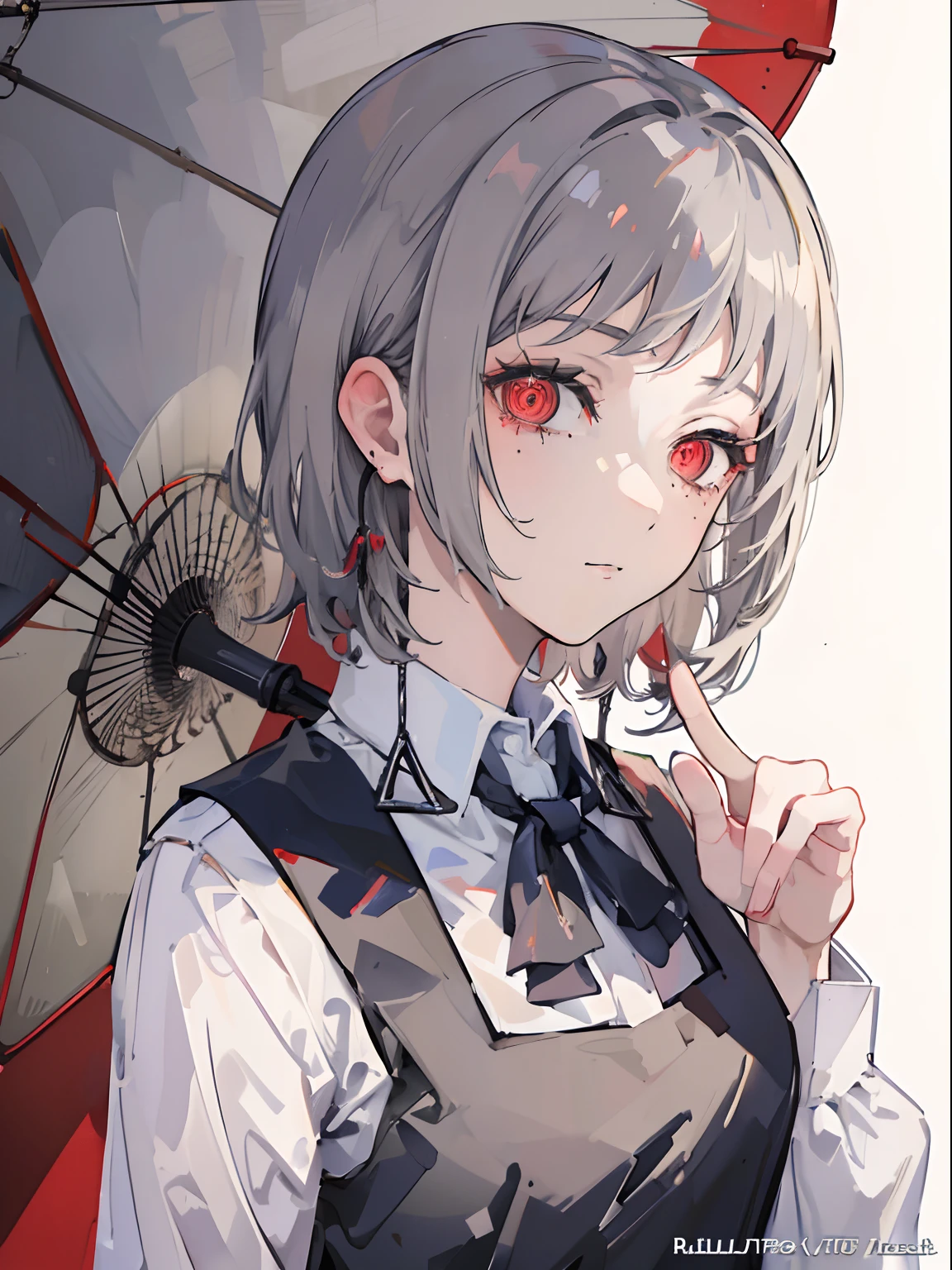 (masterpiece, top quality, best quality,official art, beautiful and aesthetic:1.2),(1girl:1.3), gray hair, red Umberella, red eyes