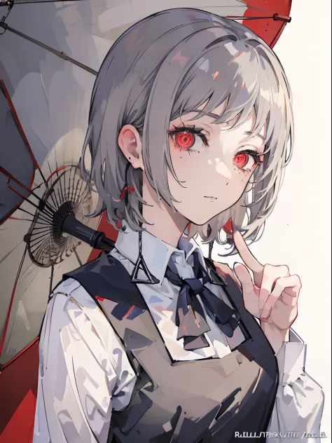 (masterpiece, top quality, best quality,official art, beautiful and aesthetic:1.2),(1girl:1.3), gray hair, red Umberella, red ey...