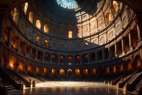 fantasy theme, a far view of a very massive-colossal and tall greek style colosseum-shaped hall of resurrection with magic runes...