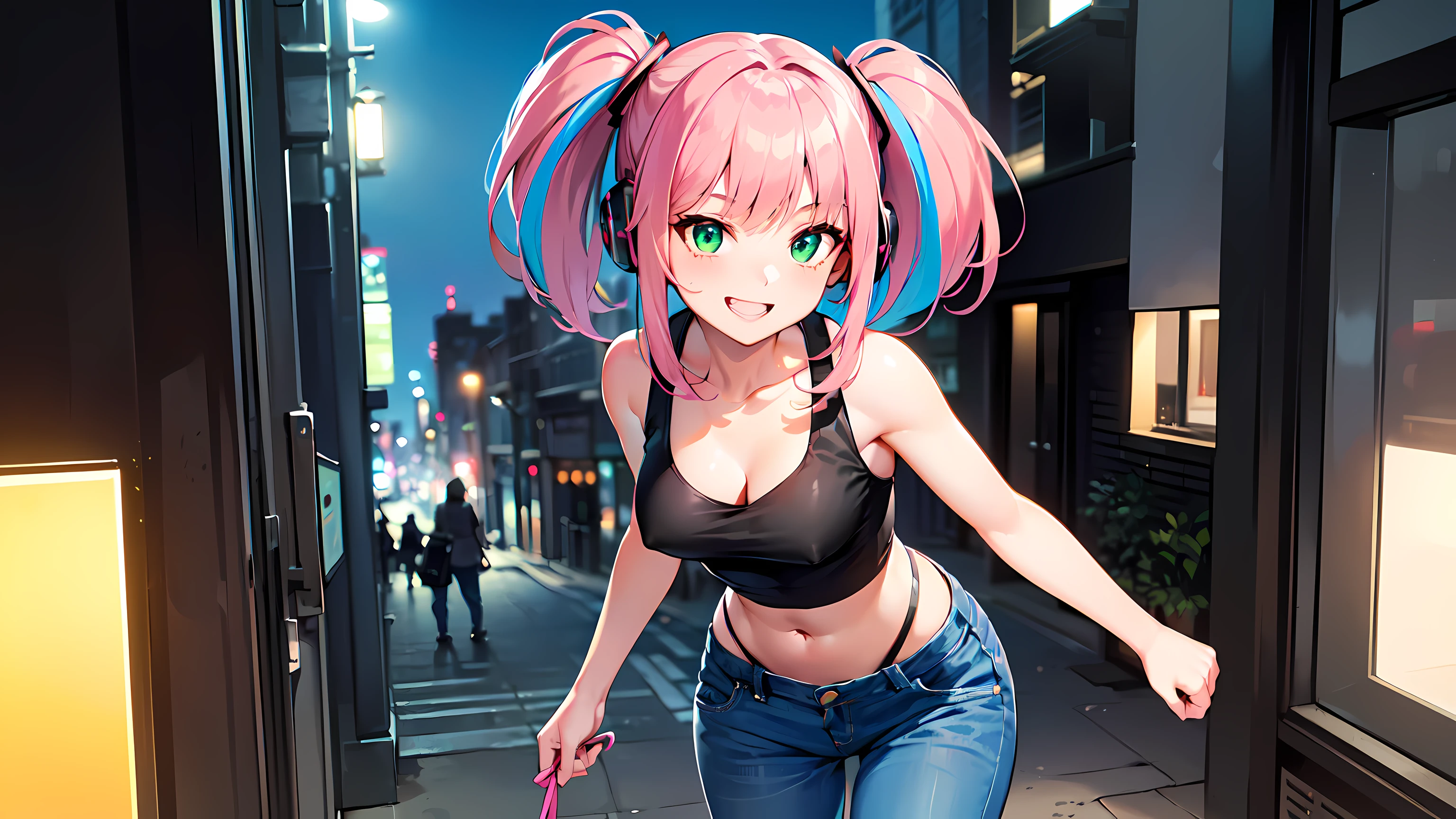 ​hd masterpiece, 1girl, ecchi girl ((20year old, dressed in a tight black crop top, tight blue jeans, sneakers, medium breasts:1.2, multicolor pink hair, twin ponytails, perfect model body:1.4, detailed green eyes:1.6, flirting, happy, big smile, wearing headphones, inspired by Yuumei, looking at viewer, walking down a busy city street during evening time:1.2, cowboy shot:1.3, tall buildings in the background:1.3, fun and exciting atmosphere:1.2)) ((solo:1.8)) ((evening time))