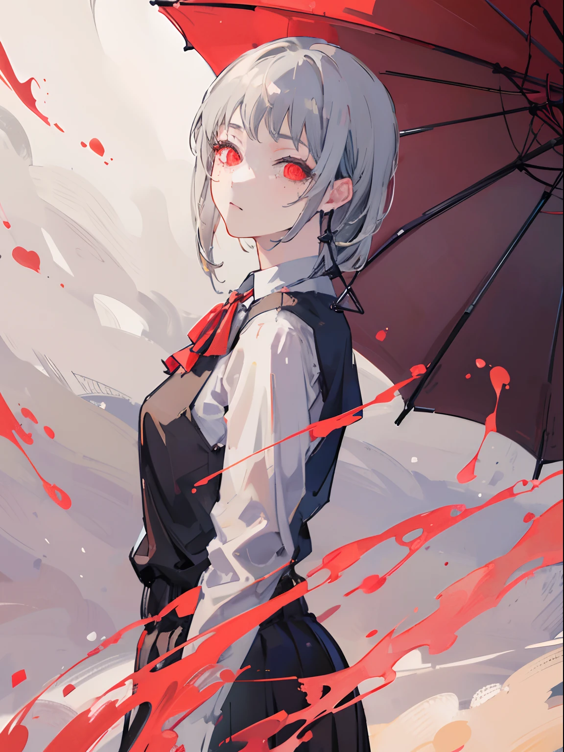 (masterpiece, top quality, best quality,official art, beautiful and aesthetic:1.2),(1girl:1.3), gray hair, red Umberella, red eyes