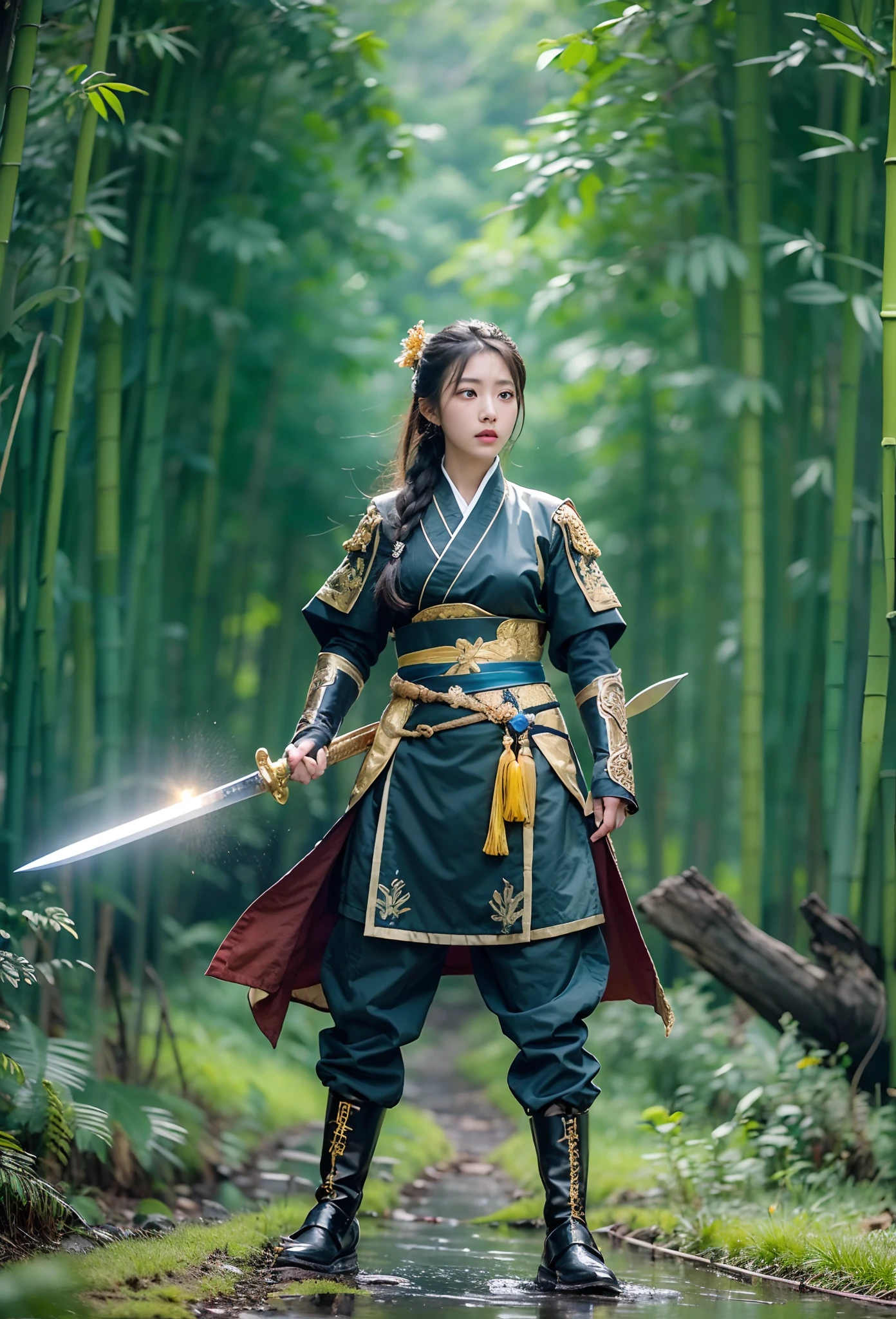 fantasy, Landscape photo of the forest, Chinese martial arts style, The skin is wet and shiny, (A 25-year-old girl samurai wears a black combat uniform，Hold a sword with gold details and glowing, Golden cape), (In a dense bamboo forest，Forest path, Night, thunderstorm, Dark sky, rain: 1.2), China-style, barbara (Genshin Impact:0.5), Elsa (Frozen):0.5, (Intricate details:1.2), Black hair, Wavy hair, lamplight, Sad, Brown eyes, symmetrical features, Detailed hands, Detailed fingers, (Masterpiece:1.2), (Epic composition:1.4), (talent:1.2), Ultra detailed, Highly detailed, insanely details, (Photorealistic:1.2), hdr, 8K, Exquisite, Sharp, elegant, fantasy vivid colors, High quality, battle garment, (full body shot of: 1.8)，(Faraway view: 1.8)，ultra-wide-angle