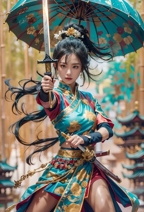 fantasy, Landscape photo of the forest, Chinese martial arts style, The skin is wet and shiny, (A 25-year-old girl samurai wears a black combat uniform，Hold a sword with golden details and glowing, Golden cape), (In a dense bamboo forest，Forest path, Night...