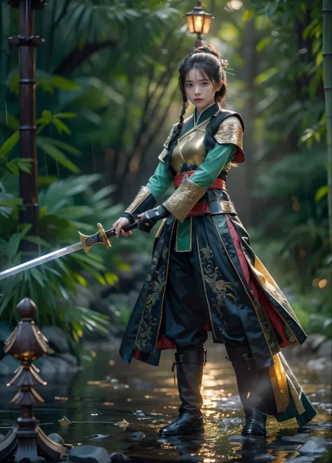 fantasy, Landscape photo of the forest, Chinese martial arts style, The skin is wet and shiny, (A 25-year-old girl samurai wears a black combat uniform，Hold a sword with golden details and glowing, Golden cape), (In a dense bamboo forest，Forest path, Night...
