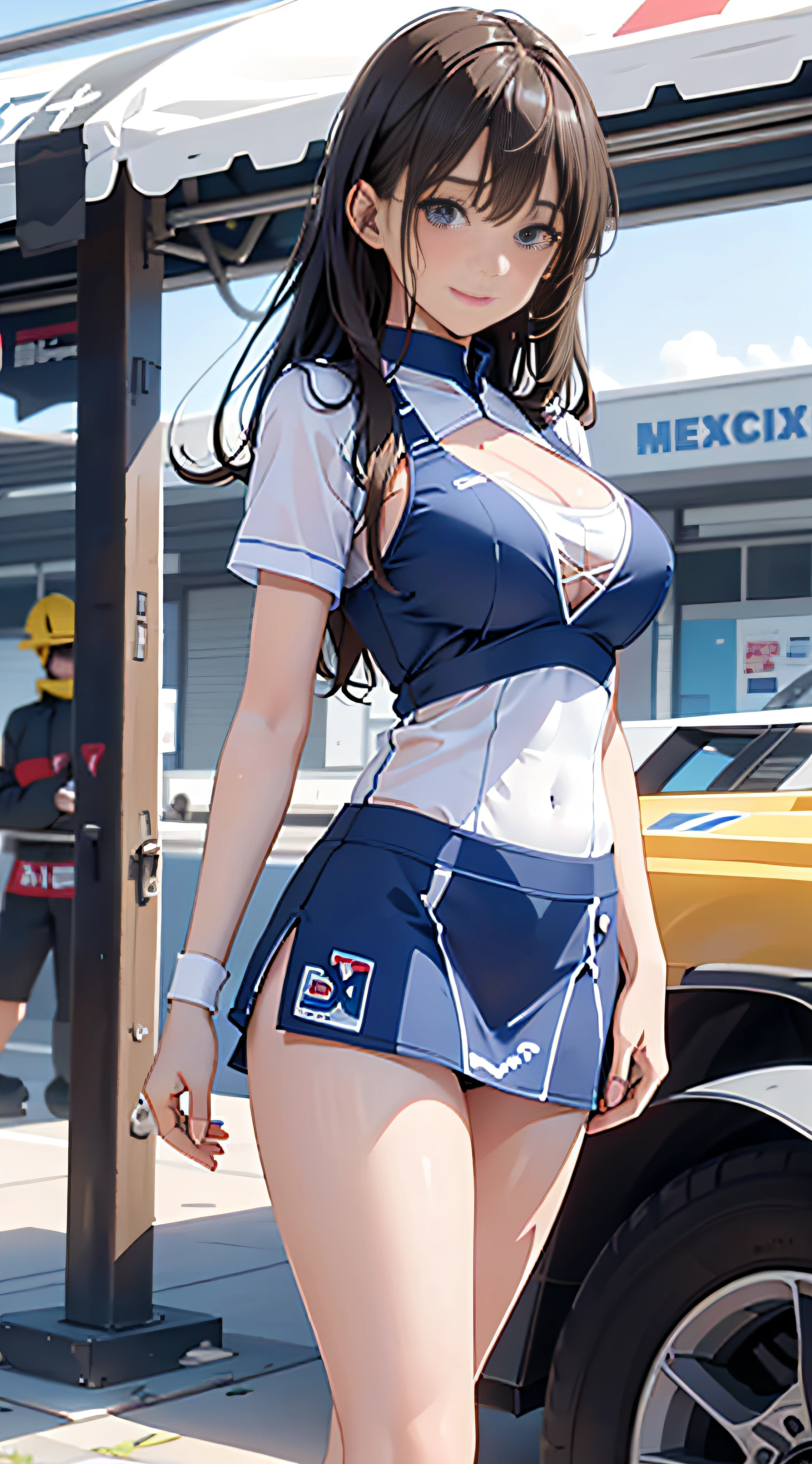 Anime girl in uniform walking down the street in front of a taxi - SeaArt AI