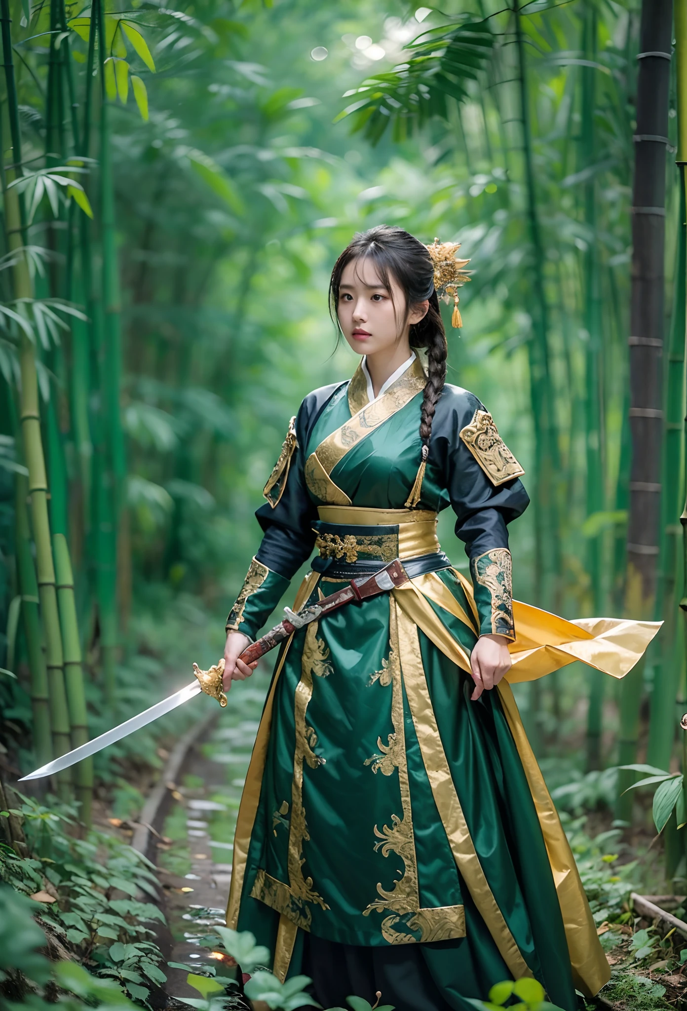 fantasy, Landscape photo of the forest, Chinese martial arts style, The skin is wet and shiny, (A 25-year-old girl samurai wears a black combat uniform，Holding a sword with golden details and glowing, Golden cape), (In a dense bamboo forest，Forest path, Night, thunderstorm, Dark sky, rain: 1.2), China-style, barbara (Genshin Impact:0.5), Elsa (Frozen):0.5, (Intricate details:1.2), Black hair, Wavy hair, lamplight, Sad, Brown eyes, symmetrical features, Detailed hands, Detailed fingers, (Masterpiece:1.2), (Epic composition:1.4), (talent:1.2), Ultra detailed, Highly detailed, insanely details, (Photorealistic:1.2), hdr, 8K, Exquisite, Sharp, elegant, fantasy vivid colors, High quality, battle garment, (full body shot of: 1.8)，(Faraway view: 1.8)，ultra-wide-angle