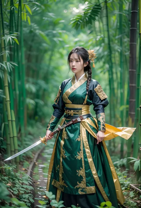 fantasy, Landscape photo of the forest, Chinese martial arts style, The skin is wet and shiny, (A 25-year-old girl samurai wears a black combat uniform，Holding a sword with golden details and glowing, Golden cape), (In a dense bamboo forest，Forest path, Ni...