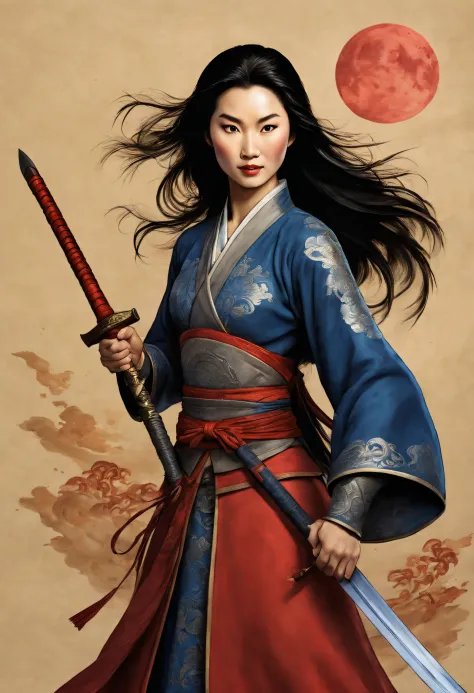 （Mulan, a knight in a phoenix helmet and dark blue armor, wields a long sword），（full bodyesbian），（shelmet），（Mulan wields her swo...