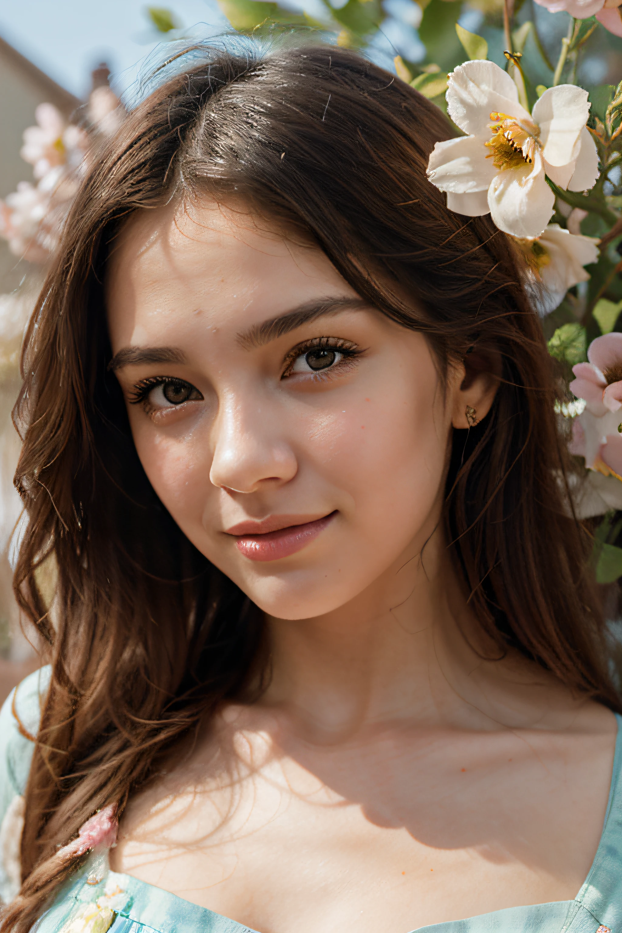 cute lips, and expressive eyes, surrounded by vibrant flowers in a blooming garden, wearing a colorful dress. The artwork is created with a mix of watercolor and digital painting techniques, resulting in a dreamy and ethereal effect. The overall image quality is of the highest standard, with ultra-detailed features and a realistic, photorealistic rendering. The color palette is vivid and playful, with a focus on warm tones to enhance the cheerful atmosphere. The lighting is soft and gentle, casting a warm glow on the girl's face and emphasizing the delicate details of her features.