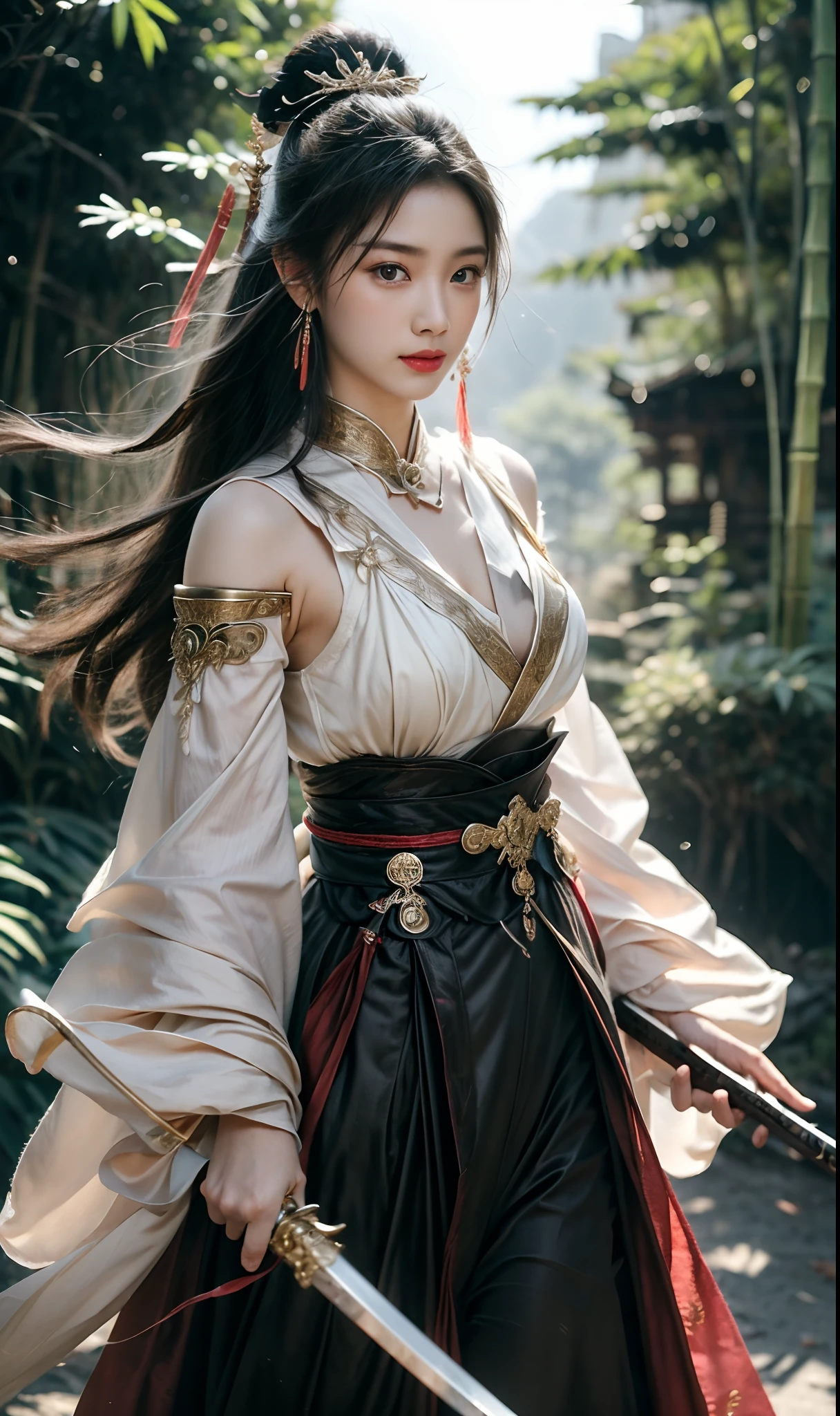 （dramatics、leathery、vehement：1.4），tmasterpiece，best qualtiy，8k，Crazy details，complexdetails，ultra - detailed，Super mass，high detal，ultra - detailed，tmasterpiece，1girl，solo，Hanfu，shift dresses，Red ribbons，jewely，wind，longer sleeves，long whitr hair，hair adornments，nipple tassels，handheldweapons，The sword，looking at viewert，Photorealistic，bamboo forrest，Chinese architecture，Female swordsman