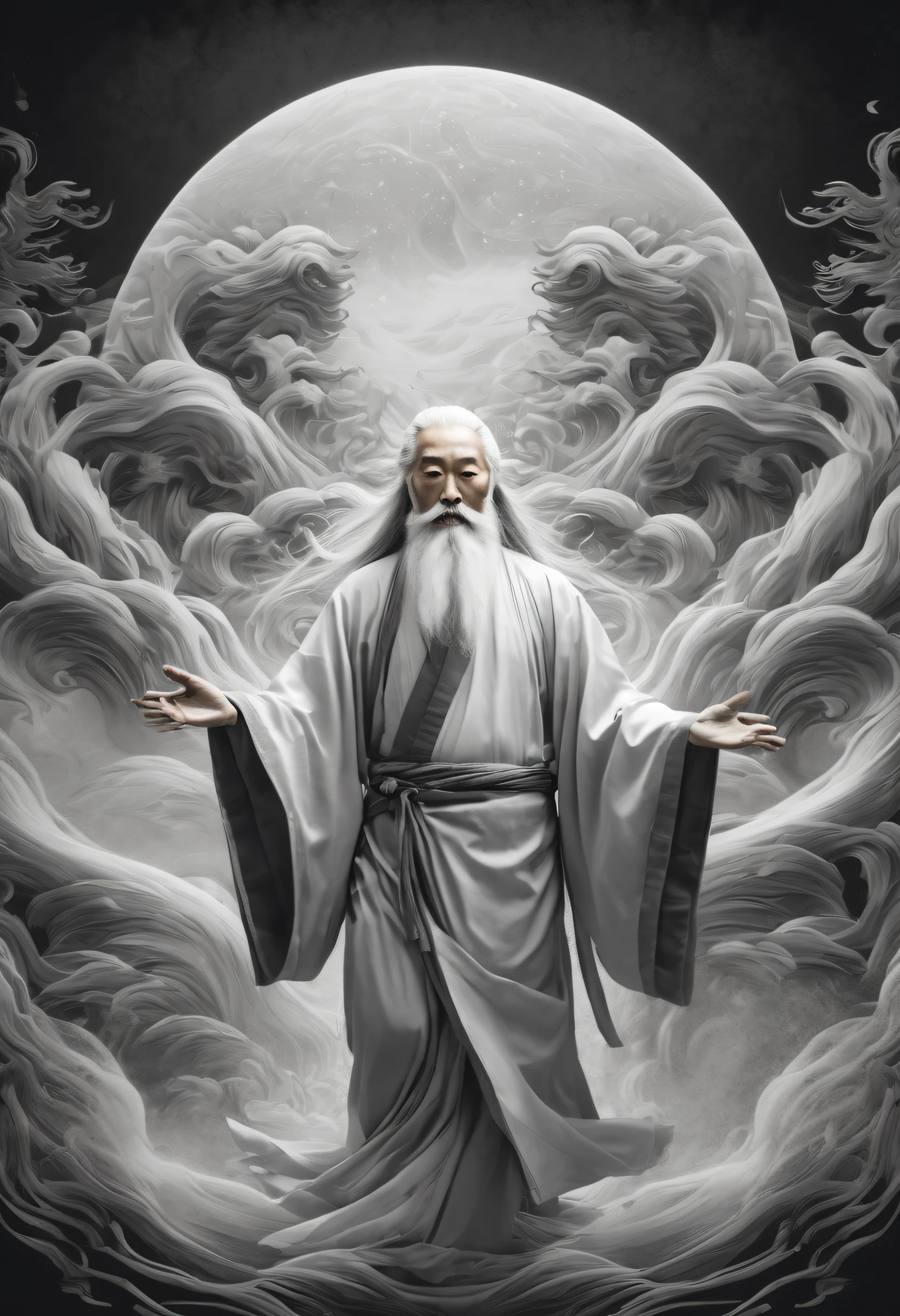 Step into the realm of digital art with this captivating prompt for a digital artwork of a legendary Qi Gong master, with long white beard and flowing hair, surrounded by ethereal Tai Chi patterns, in a black and white composition. The composition captures the essence of inner strength and wisdom, as the master radiates a serene aura amidst the intricate Tai Chi patterns. The flowing lines and delicate details of the artwork create a sense of movement and harmony. The black and white color palette adds a timeless and mystical quality, emphasizing the contrast between light and darkness. Created by renowned digital artist Fan Yang.