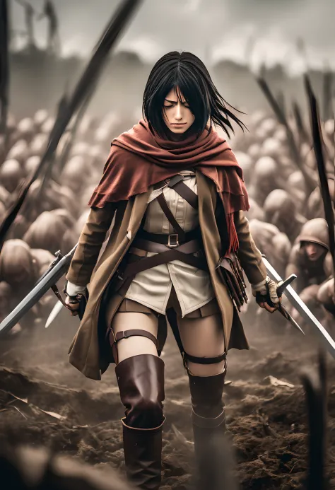 Photography capturing Mikasa, a resilient warrior from "Attack on Titan," standing triumphantly amidst a field of fallen Titans....