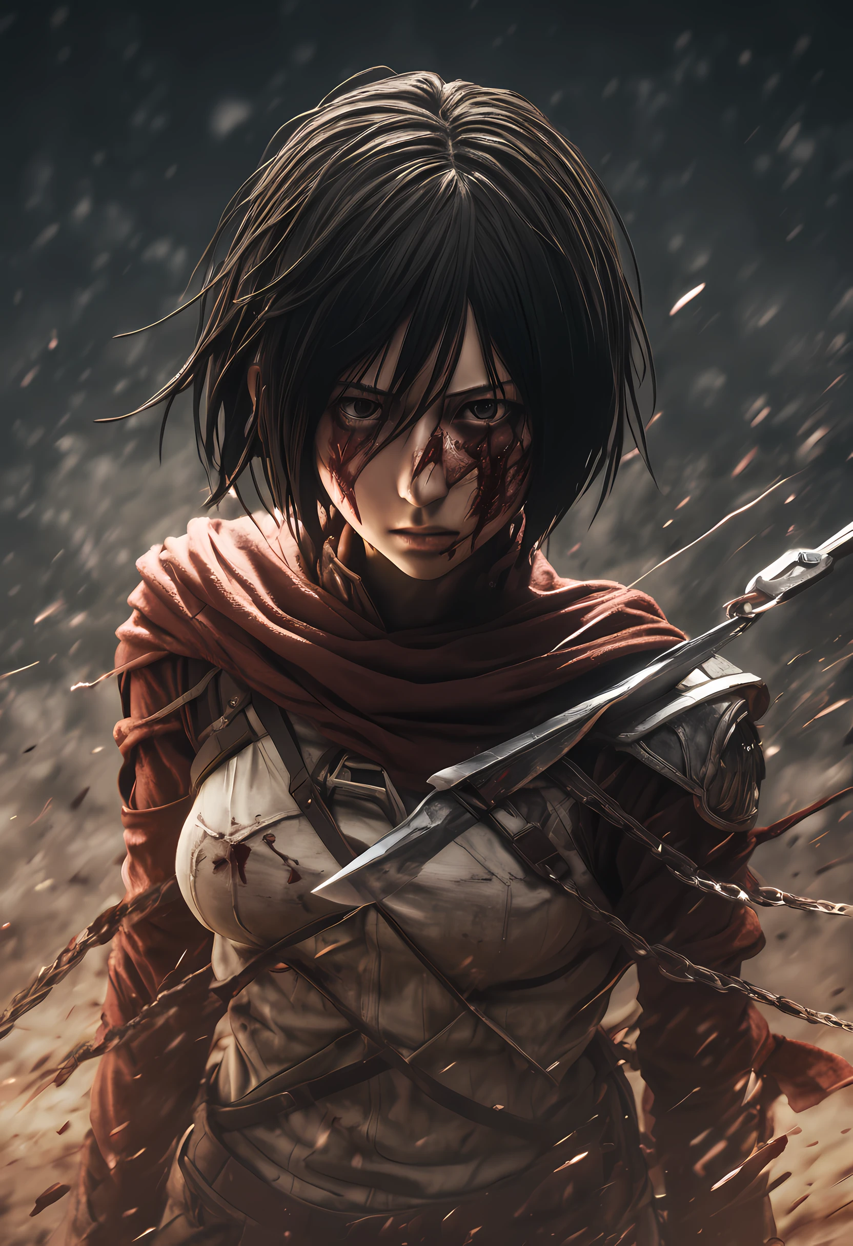 Photography of Mikasa, a brave fighter from "Attack on Titan," standing atop a decapitated Titan's head. With her blades still dripping with Titan blood, Mikasa exudes a mixture of weariness and triumph. The photograph is captured from a high angle, showcasing the vastness of the battlefield and the towering presence of the fallen Titan. The lighting is stark, casting dramatic shadows that add depth to the scene. This striking image captures the juxtaposition of vulnerability and strength, symbolizing Mikasa's unwavering determination to protect her loved ones