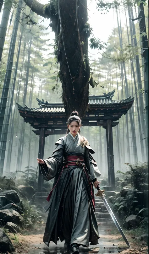 fantasy, Landscape photo of the forest, Chinese martial arts style, The skin is wet and shiny, (A 25-year-old girl samurai wears...