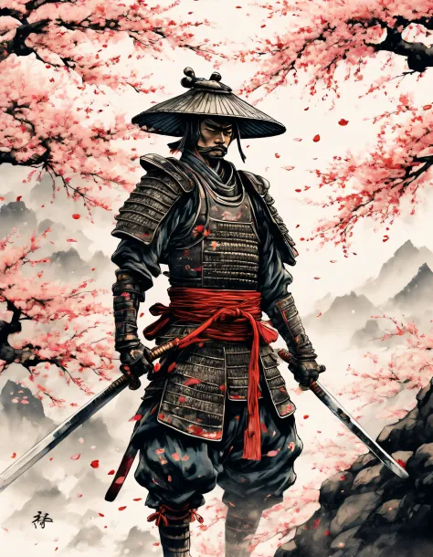 (best quality,highres:1.2),ultra-detailed,traditional Japanese samurai armor,warrior,stoic expression,serious,skilled swordsmans...