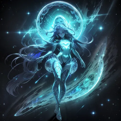 desenho de uma mulher jovem bonito, long flowing hair, corpo brilhante bioluminescente transparente, em um fundo escuro profundo, Glassmorphisom,   32k por AiLove, Misterioso
