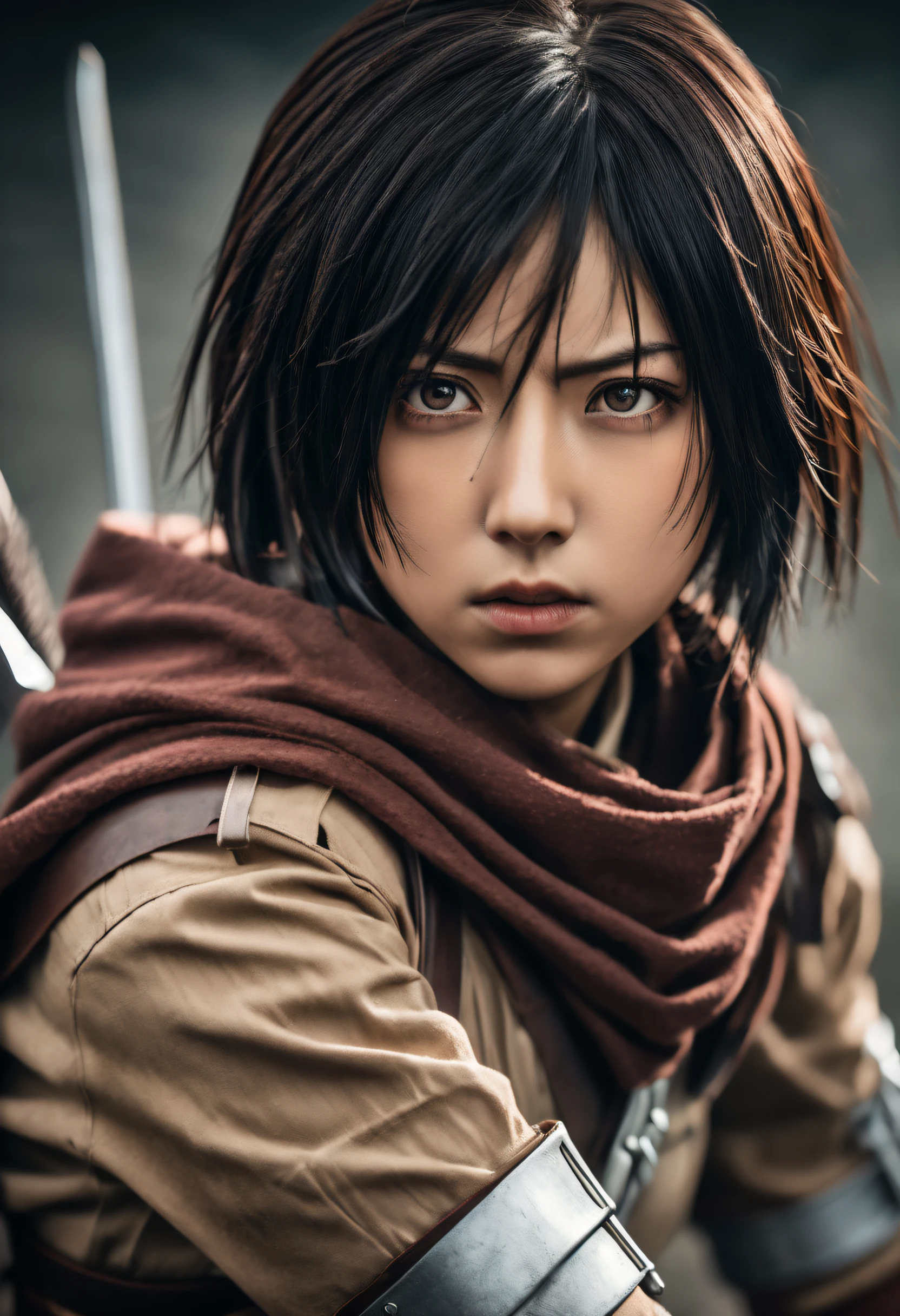 Photography capturing Mikasa, a fierce and determined warrior from the series "Attack on Titan," in a close-up shot. Mikasa is dressed in her iconic tight-fitting combat attire, showcasing her strength and agility. Her intense gaze reflects her unwavering focus in the midst of a chaotic battlefield. The photograph is framed tightly, emphasizing Mikasa's resolute expression and the tension in her muscles. The lighting is harsh, casting bold shadows that accentuate her powerful stance. This captivating image encapsulates Mikasa's unwavering determination and prowess in the face of adversity