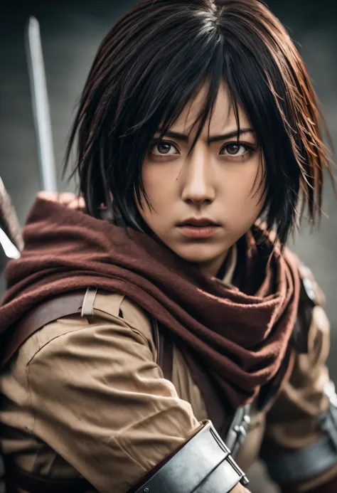 Photography capturing Mikasa, a fierce and determined warrior from the series "Attack on Titan," in a close-up shot. Mikasa is d...