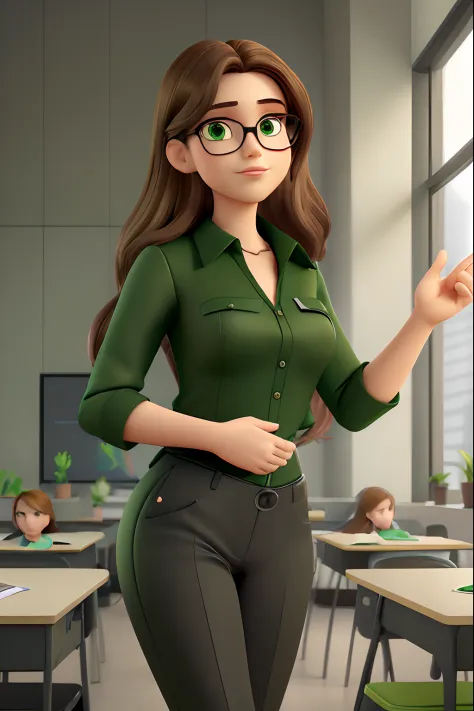 A young businesswoman, serious, chic and wise, with short brown hair, green eyes, black dress pants, green blouse, black high heels, presenting the app, explaining the year's profits, meeting, business.