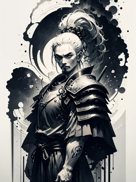 Masterpiece of a Samurai on his back with his armor, by Aase Berg, high contrast color details, black and white, anime style, Ja...