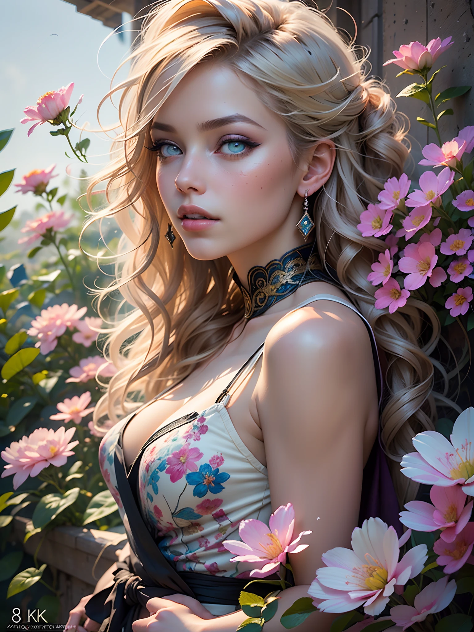 This artwork is fantastic，With a style of mythological fantasy, Soft watercolor tones，shades of pink, Blue, and purple. Generate gorgeous characters from Greek mythology and realistic skin and hair textures. Her power, proud face，Realistic shadow eyes and puffy lips, And a big mouth. Her softness, Realistic hair dancing in the breeze，Surrounded by flowers and delicate butterflies. Includes highly detailed fantasy style，Includes beautiful watercolor sky. Includes 8K eyes, hires eyes, Beautiful detail eyes, Beautiful detailed eyes, and realistic eyes. Including fantasy details, Enhanced detail, rainbowing, and colorful glitter. Pay special attention to her face，Make sure it's beautiful and realistic details. 8K, Intricate, elegant, Highly detailed, Majestic, Digital photography, Art by Artgerm and Ruan Jia and Greg Rutkowski, (((Masterpiece, fine detailed beautiful eyes: 1.2))), hdr, ((Realistic skin texture)), llight rays, ornate flowers, Dewdrops, Sunlight, Hazy sunlight, estilo FlowerGateway, Castle, Palace, Archway, Flowers, Growing