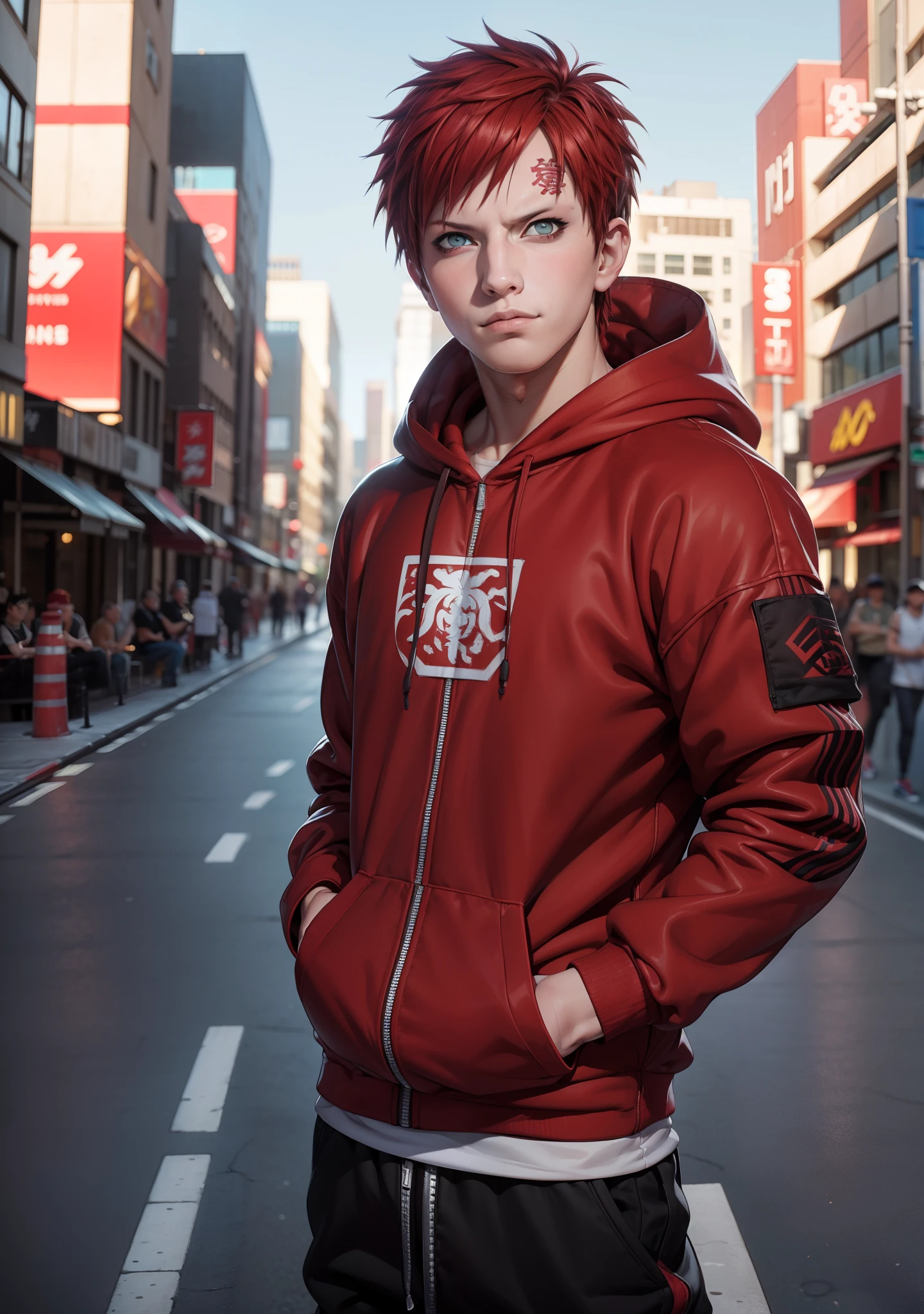 masterpiece, ultra-detailed, 1boy, male focus, upper body shot, Gaara wearing Streetwear Hoodie, red hair, look at viewer, happy face, vibrant colors, cityscape background, dinamic lighting, highly detailed face, stylish, urban style, cool attitude, bokeh, blurry background,