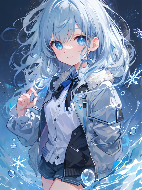 ((top-quality)), ((​masterpiece)), ((ultra-detailliert)), (Extremely delicate and beautiful), girl with, 独奏, cold attitude,((Black jacket)),She is very(relax)with  the(Settled down)Looks,A dark-haired, depth of fields,Evil smile,Bubble, under the water, Ai...