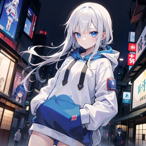 1girll, Small breasts,stitched face, patchwork skin, Closed mouth, long_hair, cold face,city,Street, White hair, ,stitched_Face,Patchwork_skin,Cowboy Shot,( Hoodie),(hands on pockets),Please wear a sweatshirt underneath、Japan holding the sword quietly、Japa...