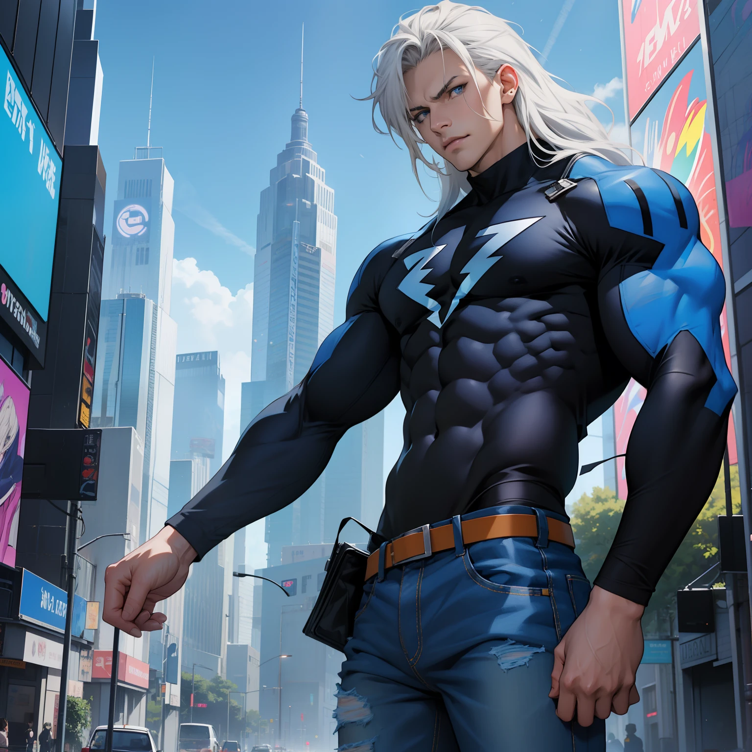 ((Anime style art)), Extremely muscular masculine character, tan skin, long rainbow hair,  sapphire blue eyes, bodybuilder body, wearing  cobalt and silver shirt with lightning bolt shaped holed cutout ((chest window)) futuristic crystal  tower cityscape, Busy route, Buildings, person open denim shirt, jeans,
AS & Vehicles. Main character from the anime, superhero, Nice image, Hard drive, 4k, Main character