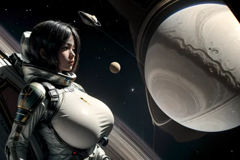 Saturn and Titan as Saturn's moons, space war on Titan, planet Saturn in background, female space solder in space suits and spac...
