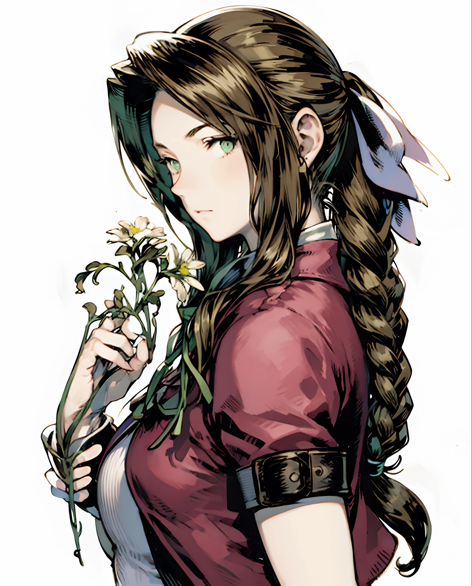 yoshida akihiko, 1girl, bravely default: flying fairy, bravely default \(series\), Nier, final fantasy, green eyes, holding flower, pink ribbon, ponytail braid