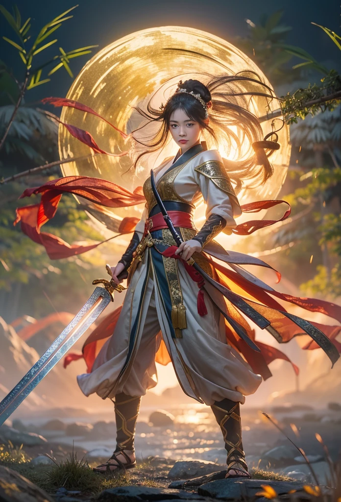 fantasy, Landscape photo of the forest, Chinese martial arts style, The skin is wet and shiny, (A 25-year-old girl samurai wears a black combat uniform，Hold a sword with gold details and glowing, Golden cape), (In a dense bamboo forest，Forest path, Night, thunderstorm, Dark sky, rain: 1.2), China-style, barbara (Genshin Impact:0.5), Elsa (Frozen):0.5, (Intricate details:1.2), Black hair, Wavy hair, lamplight, Sad, Brown eyes, symmetrical features, Detailed hands, Detailed fingers, (Masterpiece:1.2), (Epic composition:1.4), (talent:1.2), Ultra detailed, Highly detailed, insanely details, (Photorealistic:1.2), hdr, 8K, Exquisite, Sharp, elegant, fantasy vivid colors, High quality, battle garment, (full body shot of: 1.8)，(Faraway view: 1.8)，ultra-wide-angle