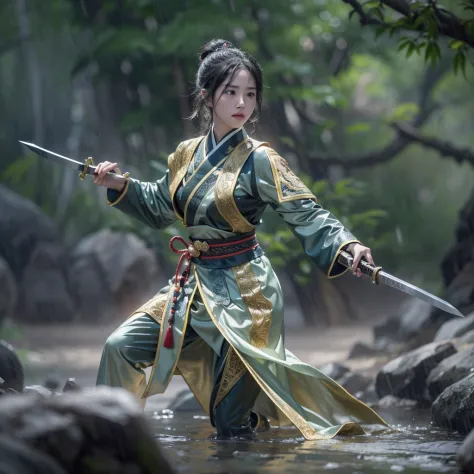fantasy, Landscape photo of the forest, Chinese martial arts style, The skin is wet and shiny, (A 25-year-old girl samurai wears...