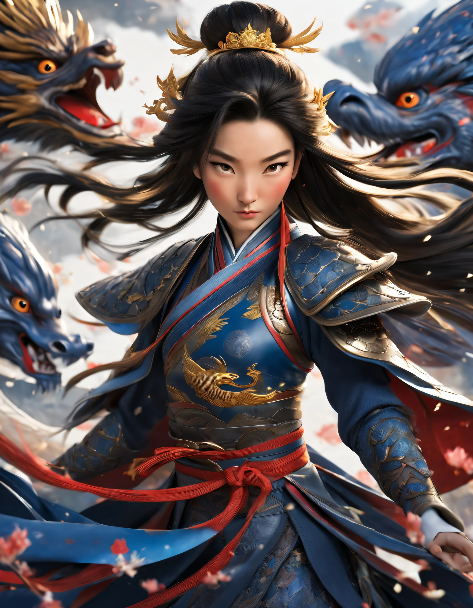 3D rendering of (Close-up of Hana Mulan wearing a phoenix helmet and dark blue armor and a sword), （Close-up of the front avatar）, Sword，Sword，Sword，Sword，（Under his neck was a sword that shone with cold light：1.37）, （Suicide by suffocation of the neck：1.3），The handle is engraved with a beautiful pattern, Very long hair, Ebony hair, Big black eyes, Long eyelashes, Sexy red lips, Resolute expression, (The upper body wears dark blue armor made of fish scales and iron), (The armor was also inlaid with golden stars), (floral embroidery: 1.2), (Cloak decorated in black and gold), disney movie《Mulan》, Martial arts, Kungfu, Chinese exquisite clothing, Wield your sword，Cut through the clouds, Stars are displayed，embroidery
background: (Blood splatter：1.37），（Red Phoenix: 1.1）， Scarlet night sky, (A round of the moon,), Sand and foam spinning, Blue gas vortex, Spun sand and foam, Dusty,,{{Masterpiece}}, {{{Best quality}}},{{Ultra-detailed}}, {{illustration}},{{Disheveled hair}},{{Masterpiece}},{{{Best quality}}},{{Ultra-detailed}}, {{{illustration}}},{{Disheveled hair}},Clear facial features,close up photograph,black ink painting,Aubrey Beardsley（Aubrey Beardsley）a beautiful painting,Alphonse Mucha,Pixar style,Cartoon style,beatrix potter （beatrix potter） 's illustration,Refined atmosphere,Intense atmosphere, microscopic view,Close-up(CU),Extreme closeup,back Lighting,