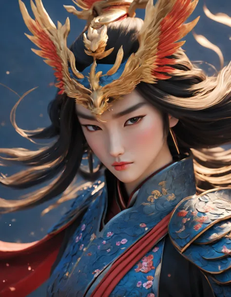 3d rendering of (close-up of hana mulan wearing a phoenix helmet and dark blue armor and a sword), （close-up of the front avatar...