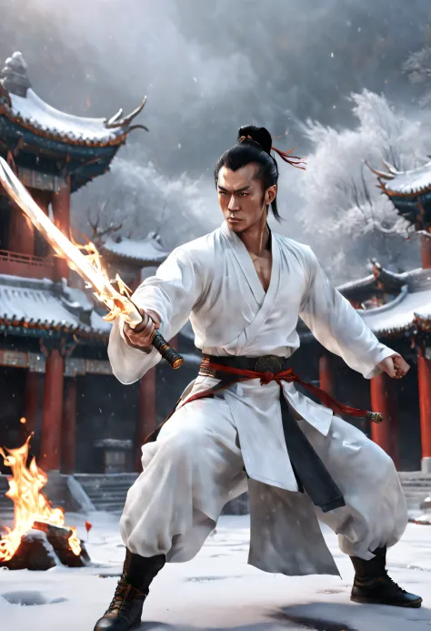 chinese martial arts male，sword fighting，chinese ancient architecture，white  clothes，tall，huge muscles，hands holding a sword，pla...