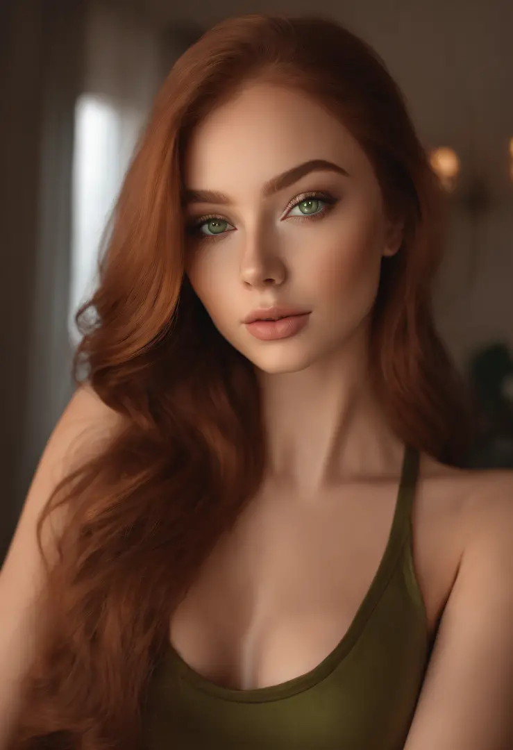 afed woman fully , sexy girl with green eyes, ultra realistic, meticulously detailed, portrait sophie mudd, ginger hair and large eyes, selfie of a young woman, bedroom eyes, violet myers,, natural makeup, looking directly at the camera, face with artgram,...